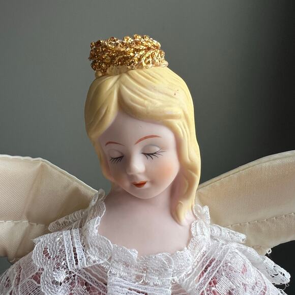 Pink and White Angel Christmas Tree Topper-9 inches Porcelain Head Small 9.5 in - Picture 2 of 9